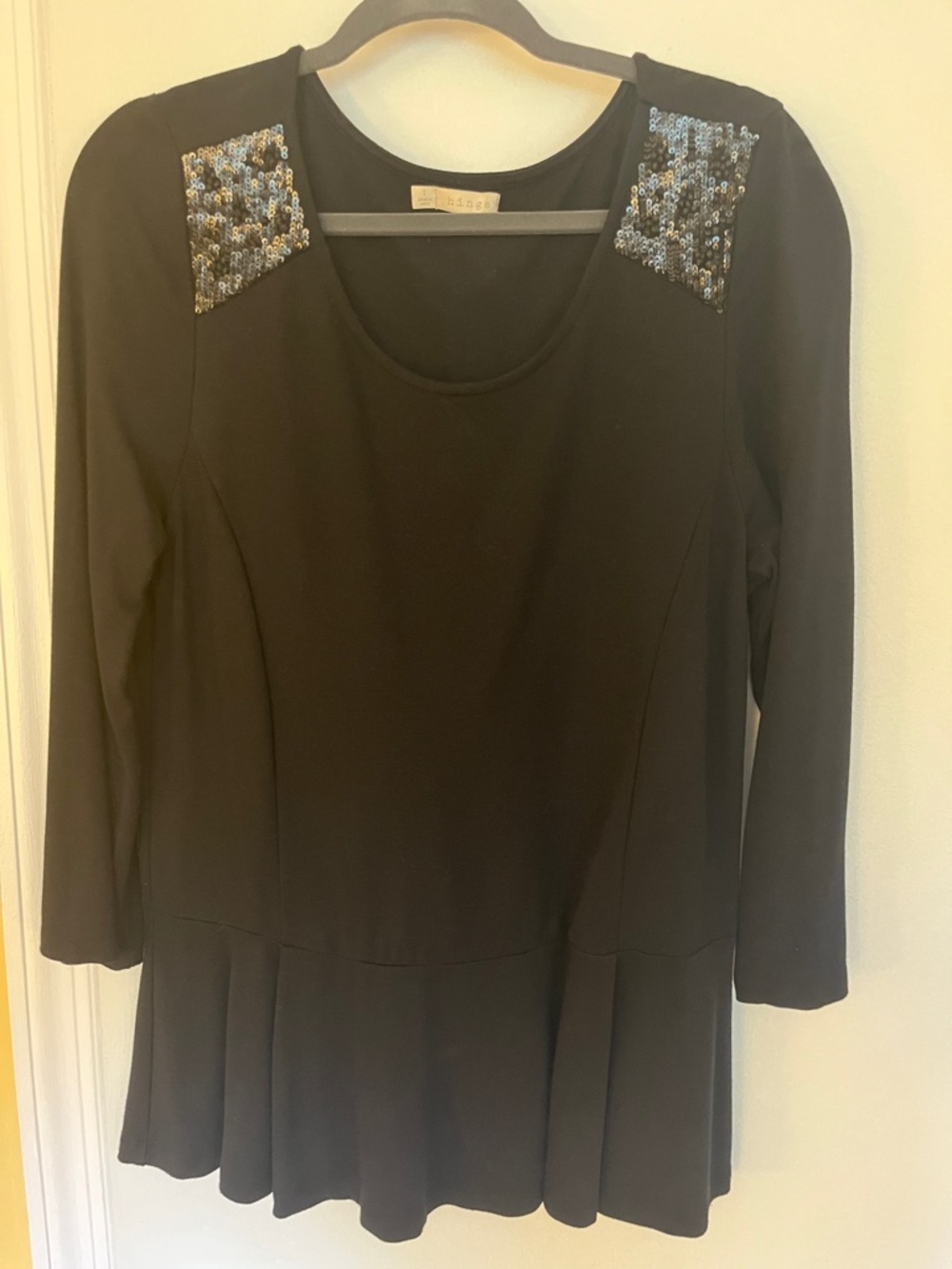 hinge Black Long-Sleeve Peplum Dress with Sequin Shoulder Accents